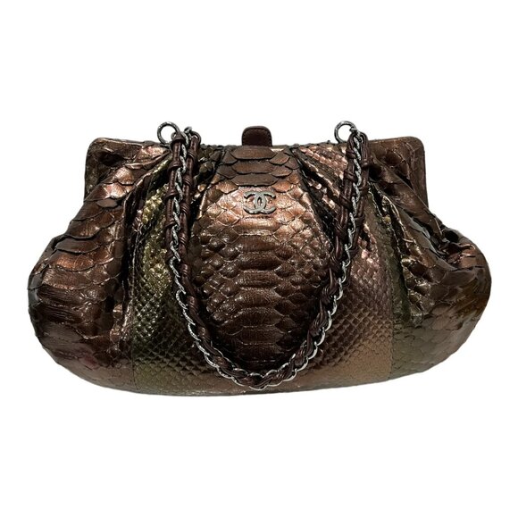 Chanel 2006A Brown Bronze Chain Python Leather Metallic Purse Shoulder Bag RARE - Picture 1 of 16